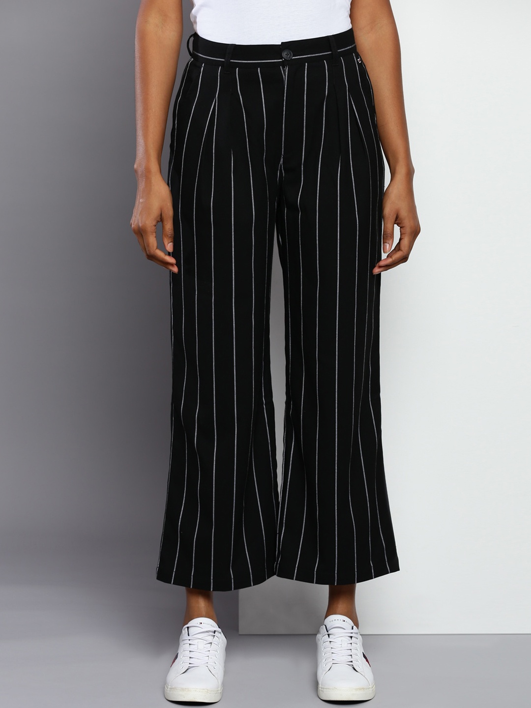 

Tommy Hilfiger Women Striped Parallel Trousers, Black