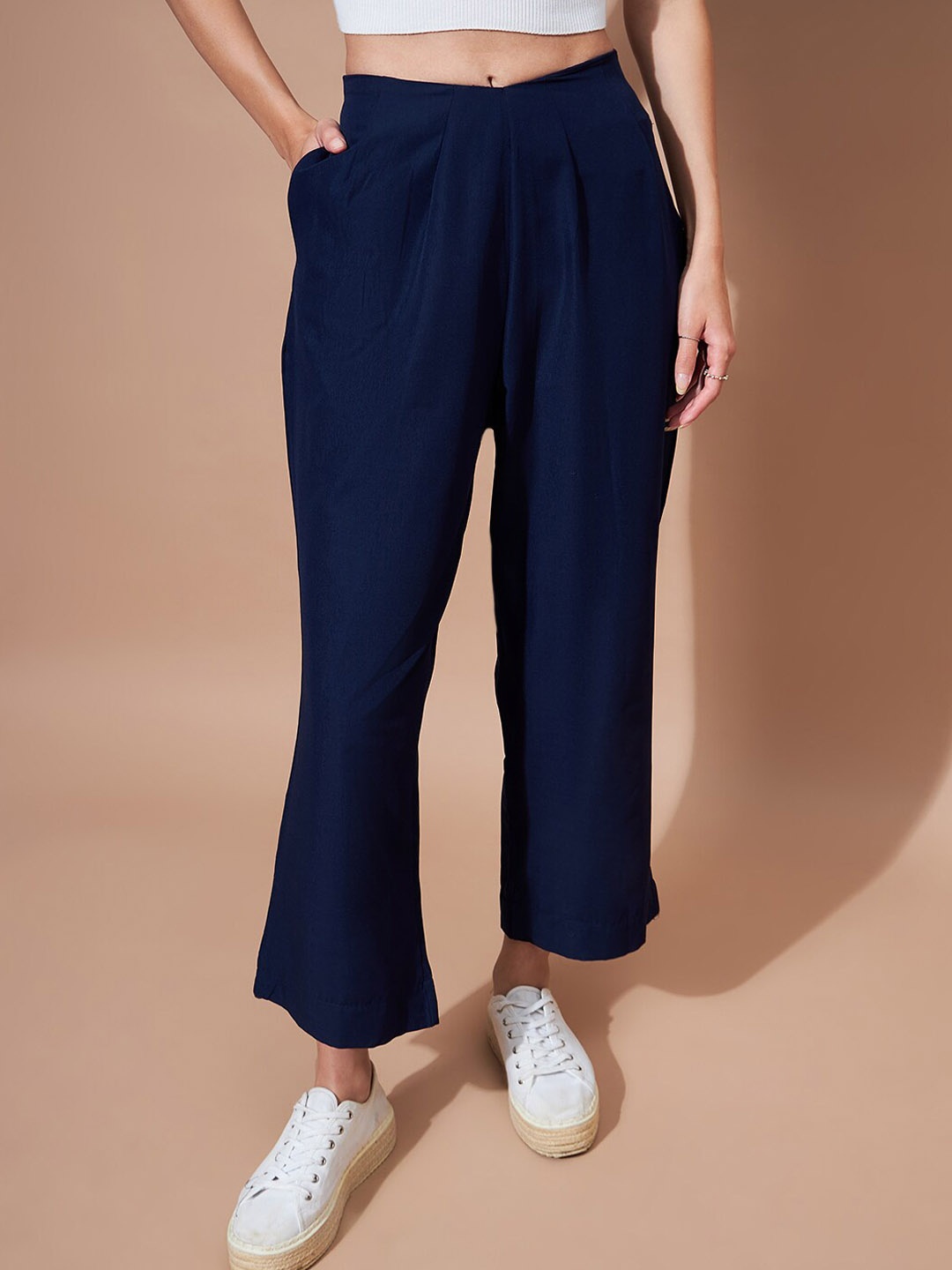 

DressBerry Women Mid Rise Wide Leg Trouser, Navy blue