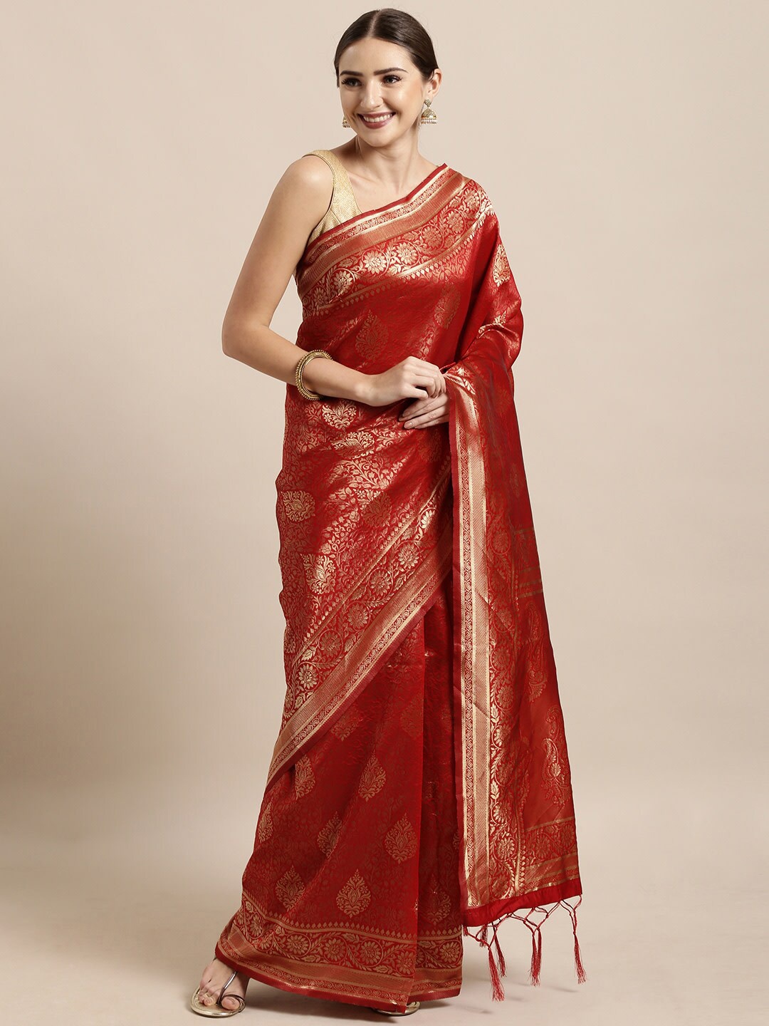 

DIVASTRI Ethnic Motifs Woven Design Zari Banarasi Saree, Red