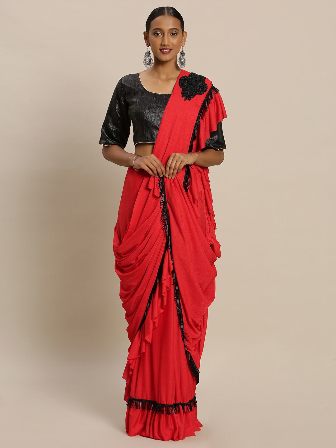 

DIVASTRI Beads and Stones Embellished Rufflrd Saree, Red