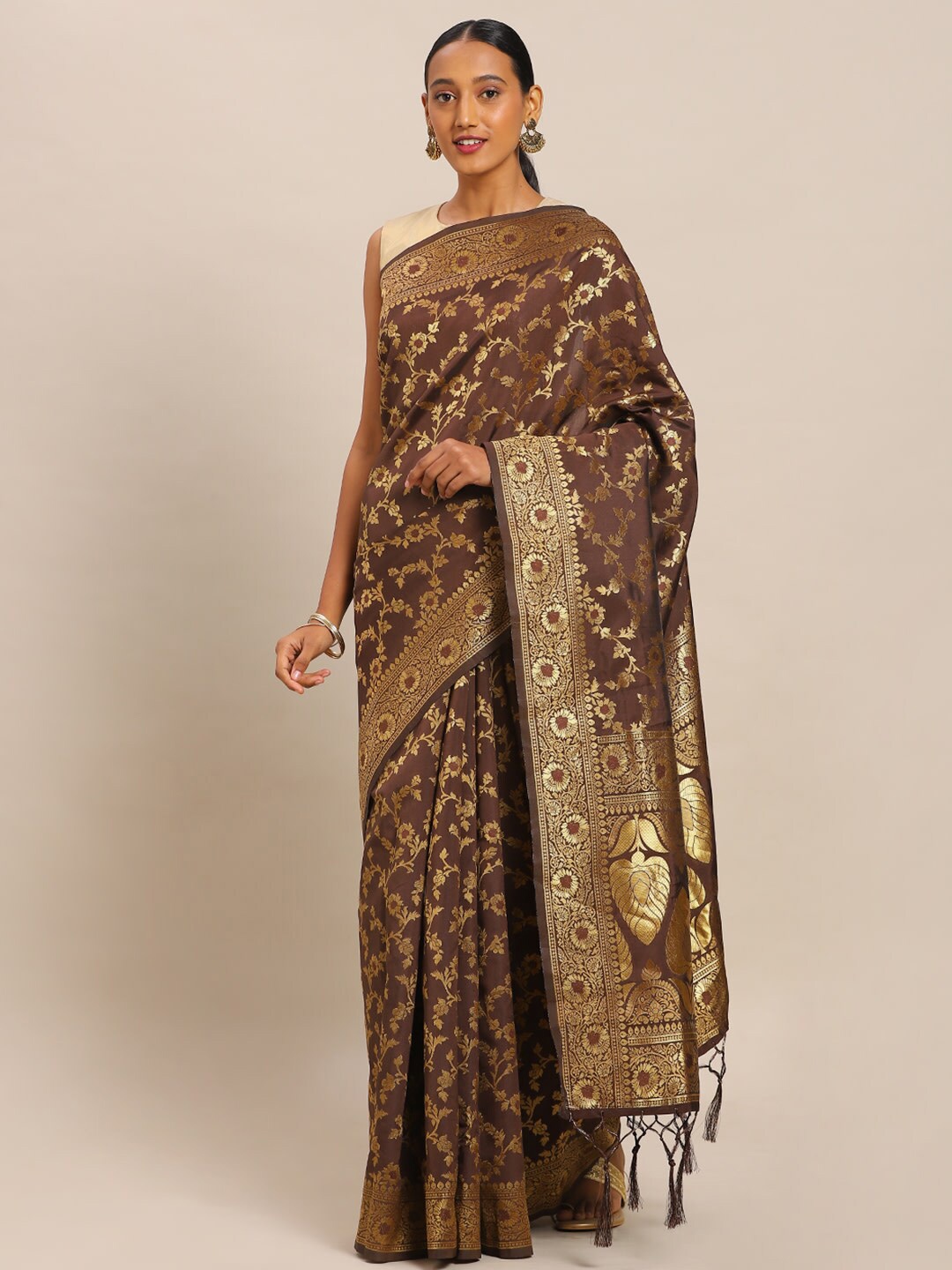 

DIVASTRI Floral Woven Design Zari Kanjeevaram Saree, Coffee brown