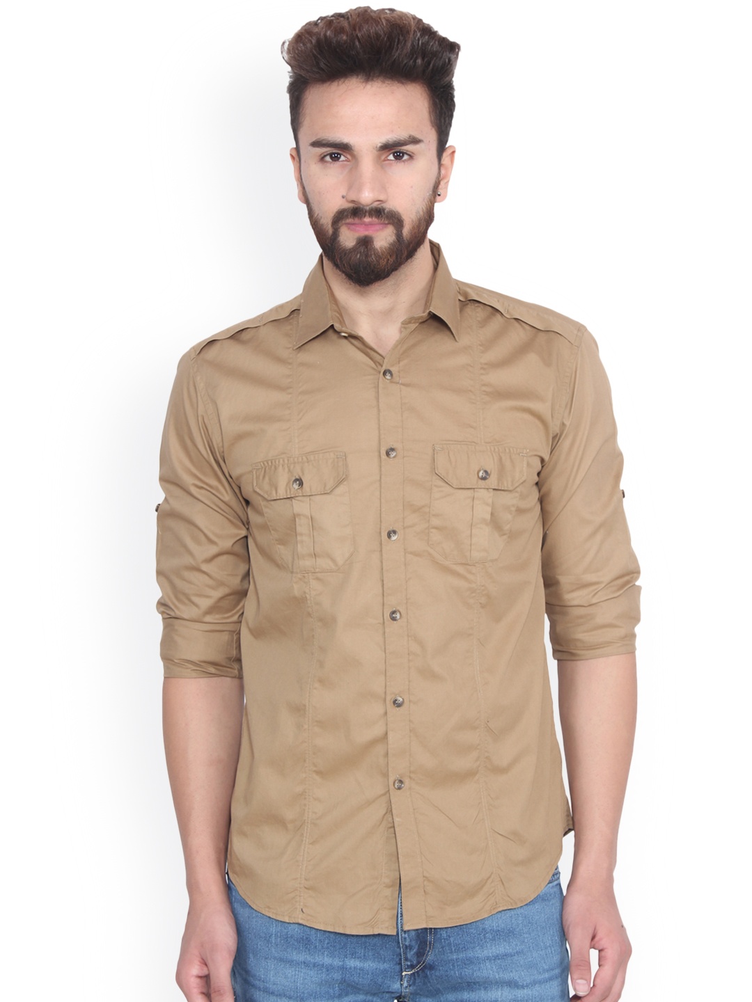 

Hangup Men Beige Regular Fit Solid Casual Shirt
