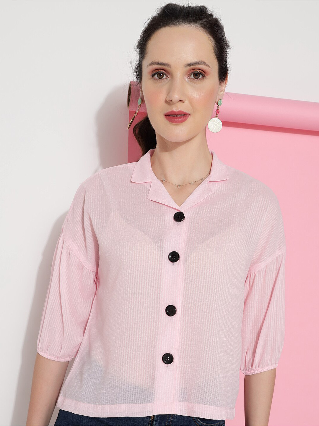 

HERE&NOW Premium Fit Vertical Striped Puff Sleeves Casual Shirt, Pink