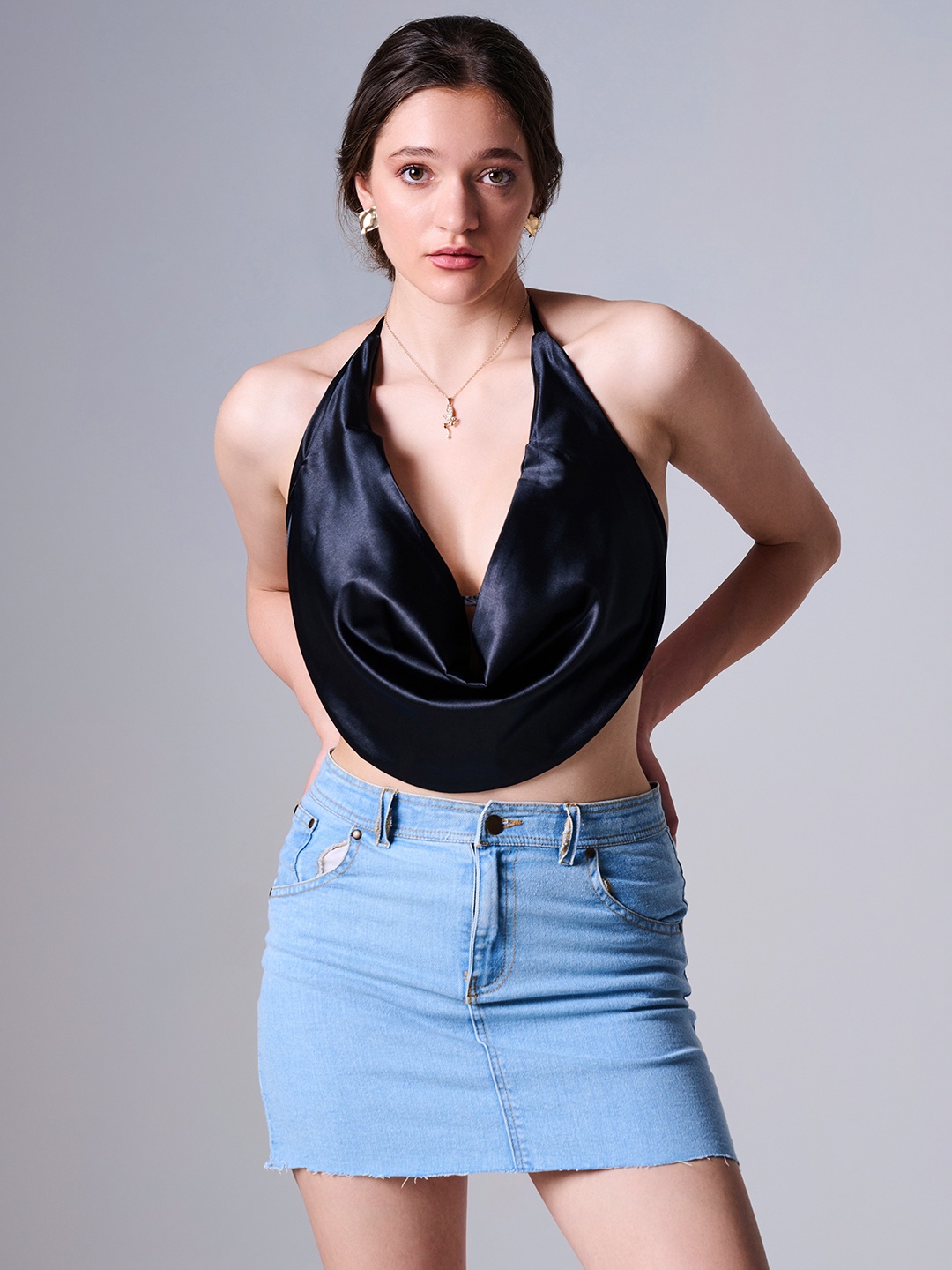 

Outcast Halter Neck Styled Back Crop Top, Black
