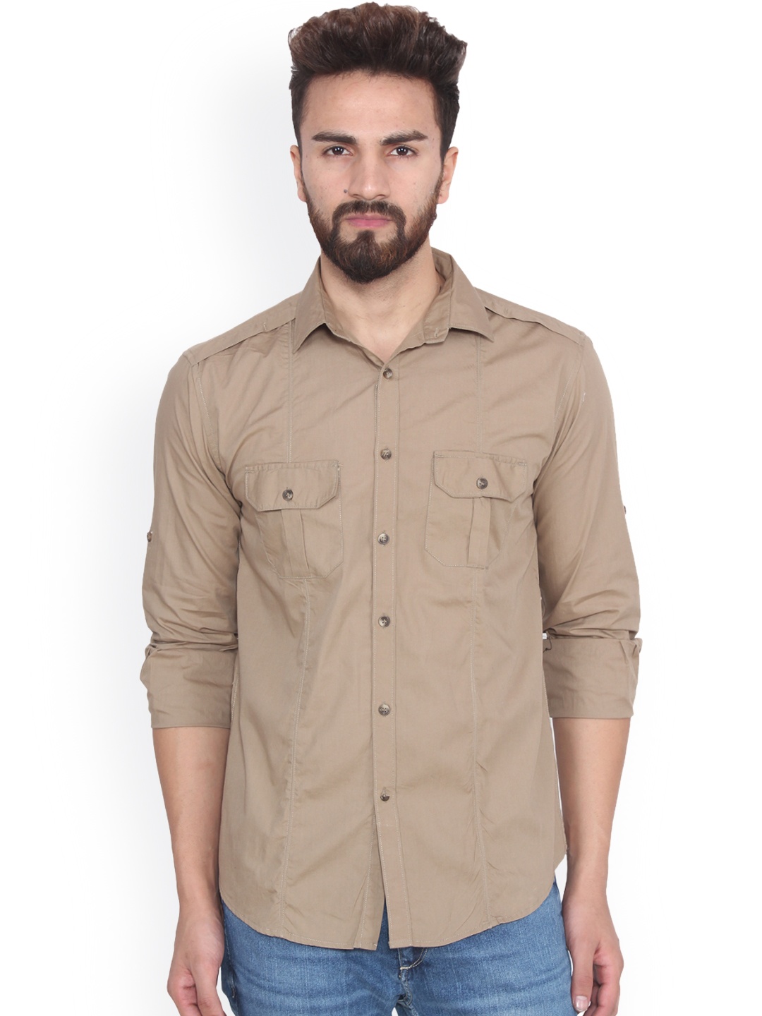 

Hangup Men Beige Regular Fit Solid Casual Shirt