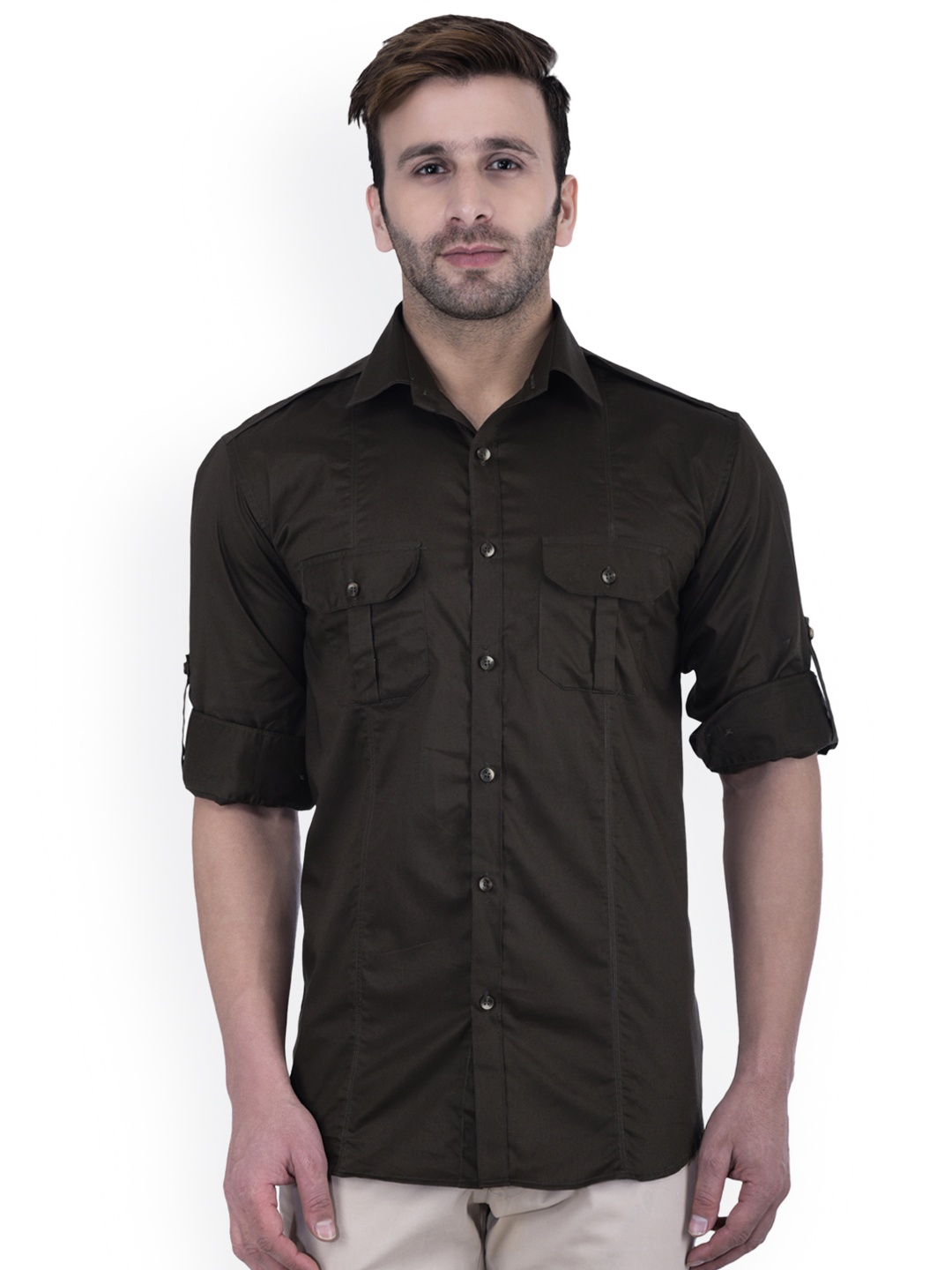 

Hangup Men Olive Green Regular Fit Solid Casual Shirt