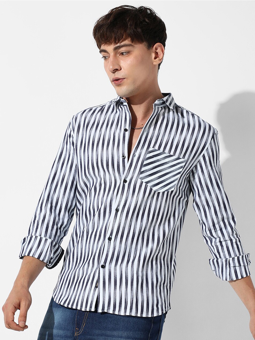 

Campus Sutra Classic Striped Cotton Casual Shirt, Black