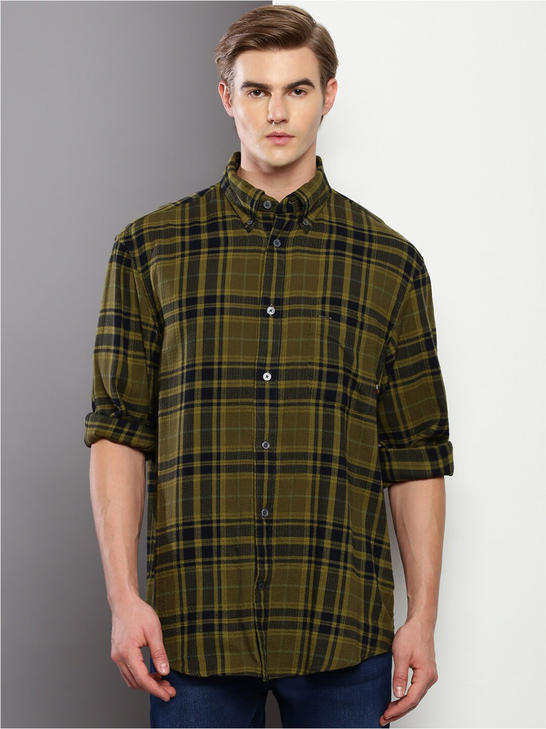 

Tommy Hilfiger Button-Down Collar Tartan Checks Checked Pure Cotton Casual Shirt, Green