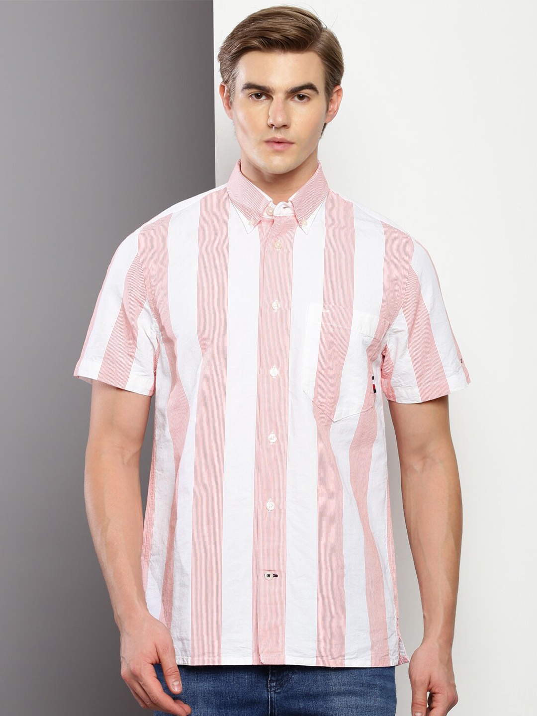 

Tommy Hilfiger Striped Button-Down Collar Cotton Linen Casual Shirt, Pink