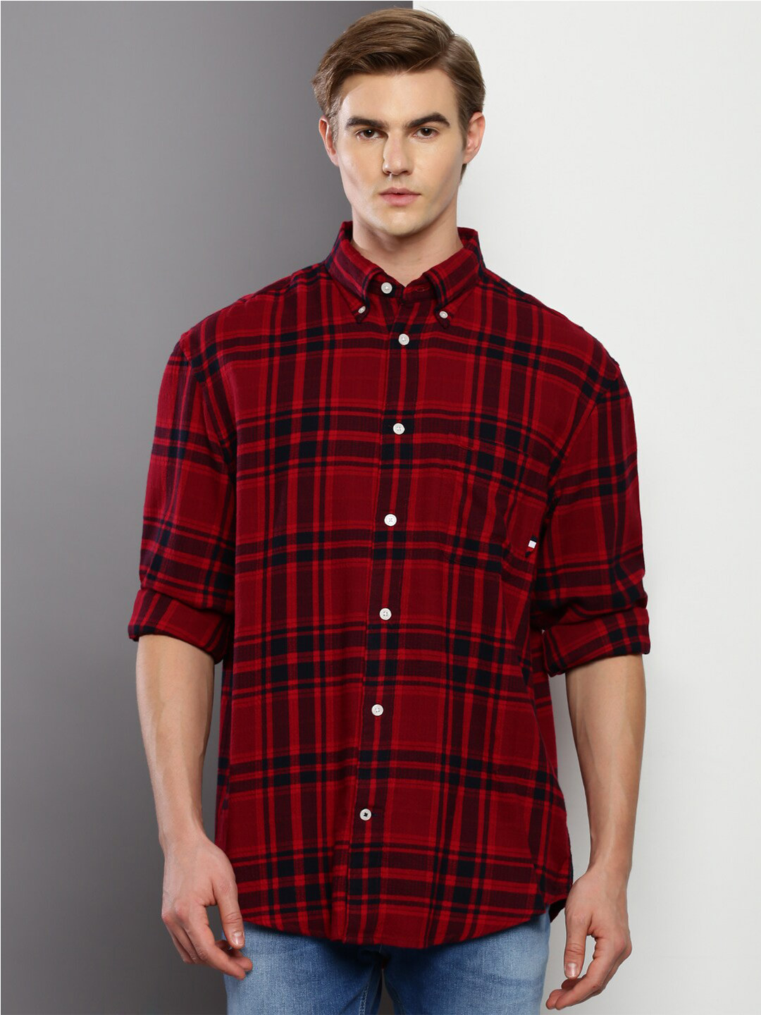 

Tommy Hilfiger Tartan Checks Checked Button-Down Collar Pure Cotton Casual Shirt, Red