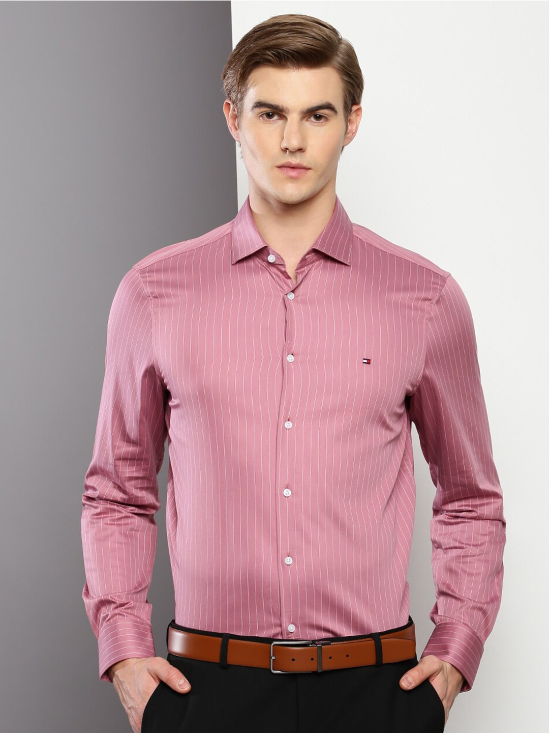

Tommy Hilfiger Striped Spread Collar Slim Fit Cotton Casual Shirt, Pink