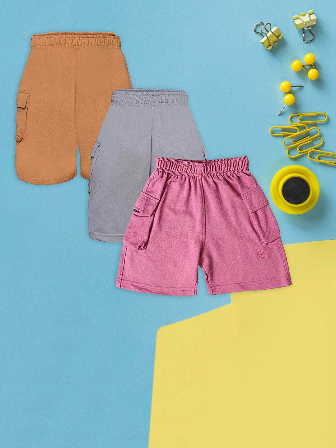 CHIMPRALA Boys Pack of 3 Mid-Rise Cotton Shorts, Camel brown