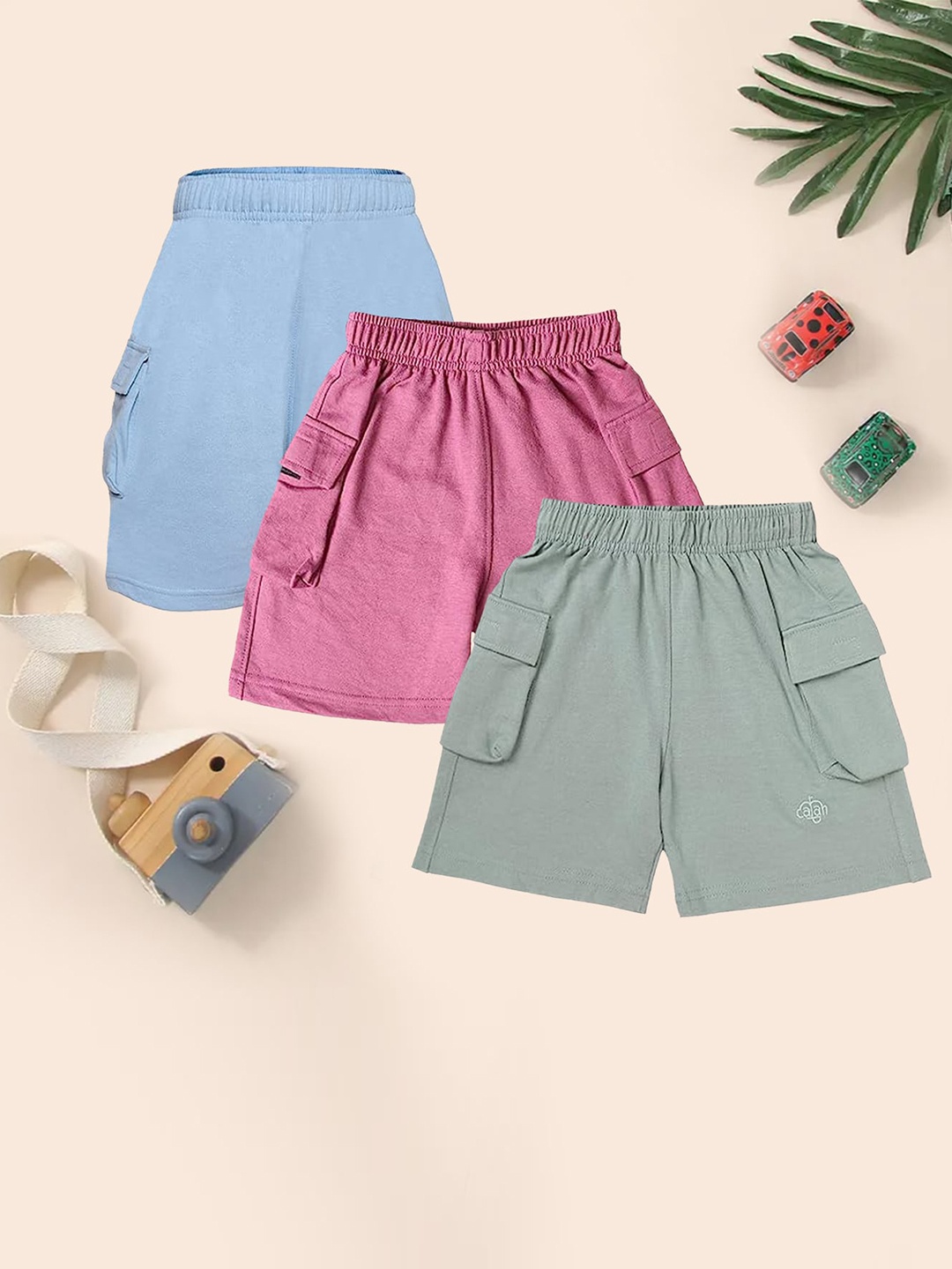 CHIMPRALA Boys Pack Of 3 Cotton Cargo Shorts, Blue