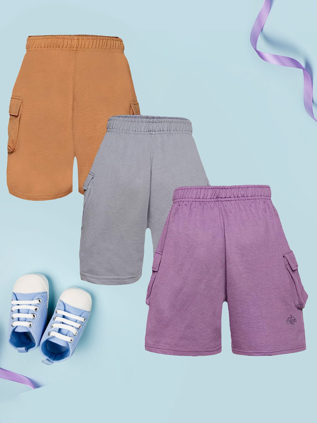 CHIMPRALA Boys Pack of 3 Mid-Rise Cotton Shorts, Camel brown