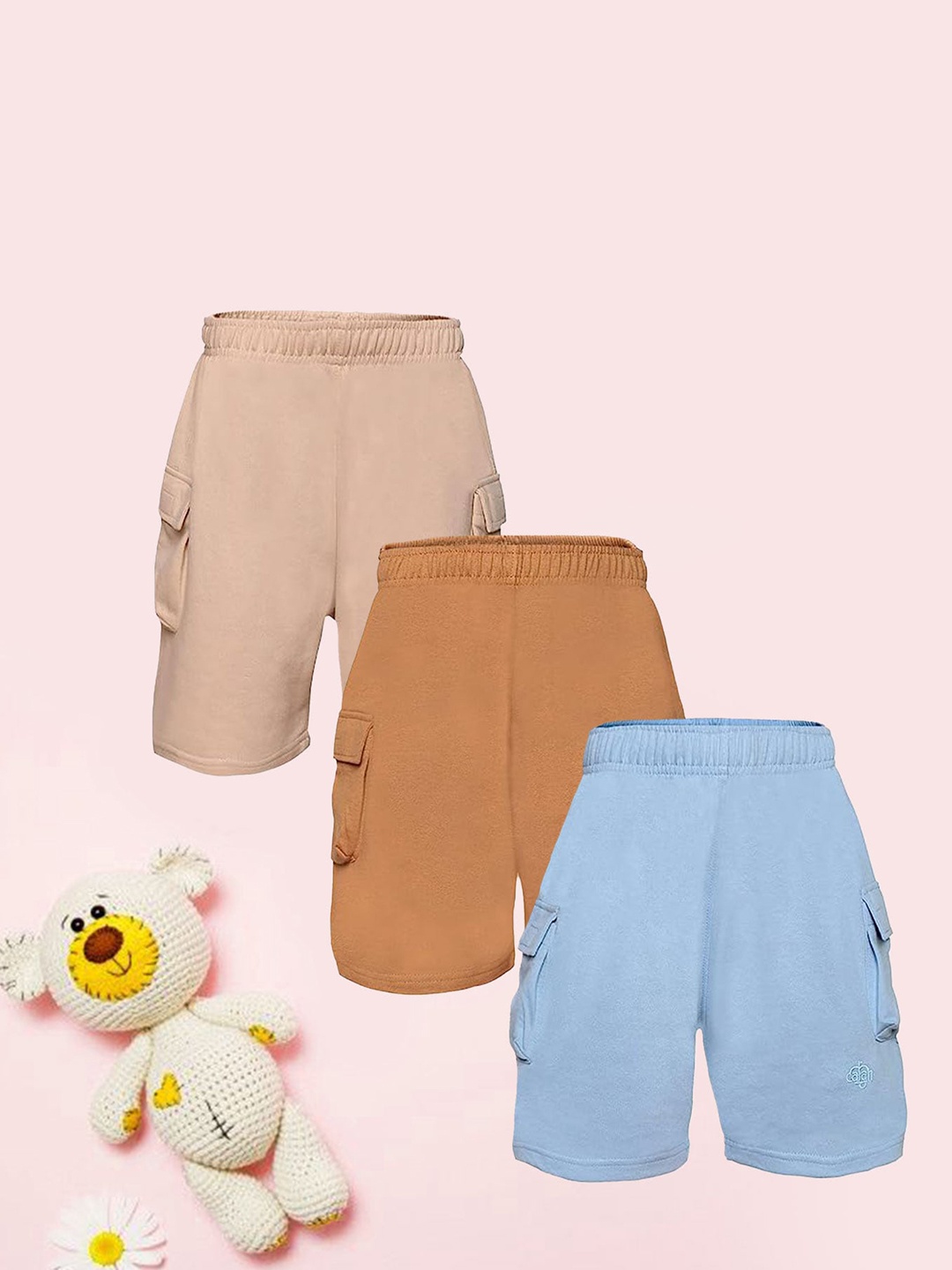 

CHIMPRALA Boys Pack Of 3 Cotton Cargo Shorts, Beige