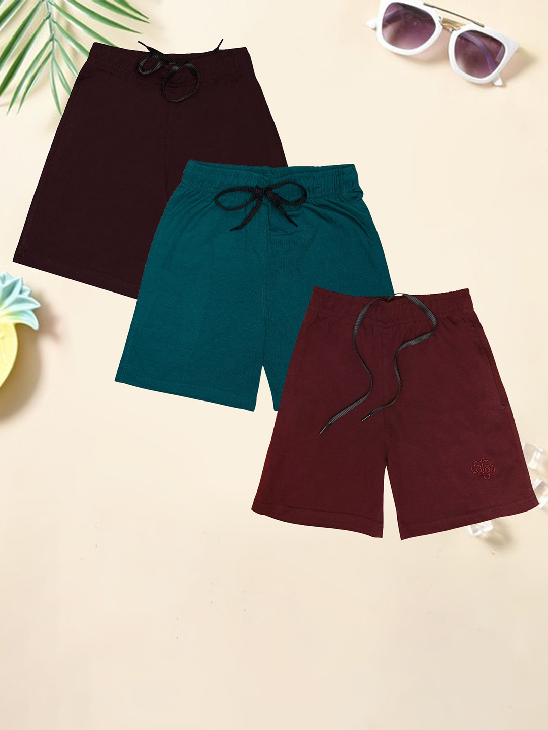 

CHIMPRALA Boys Pack of 3 Mid-Rise Cotton Shorts, Maroon