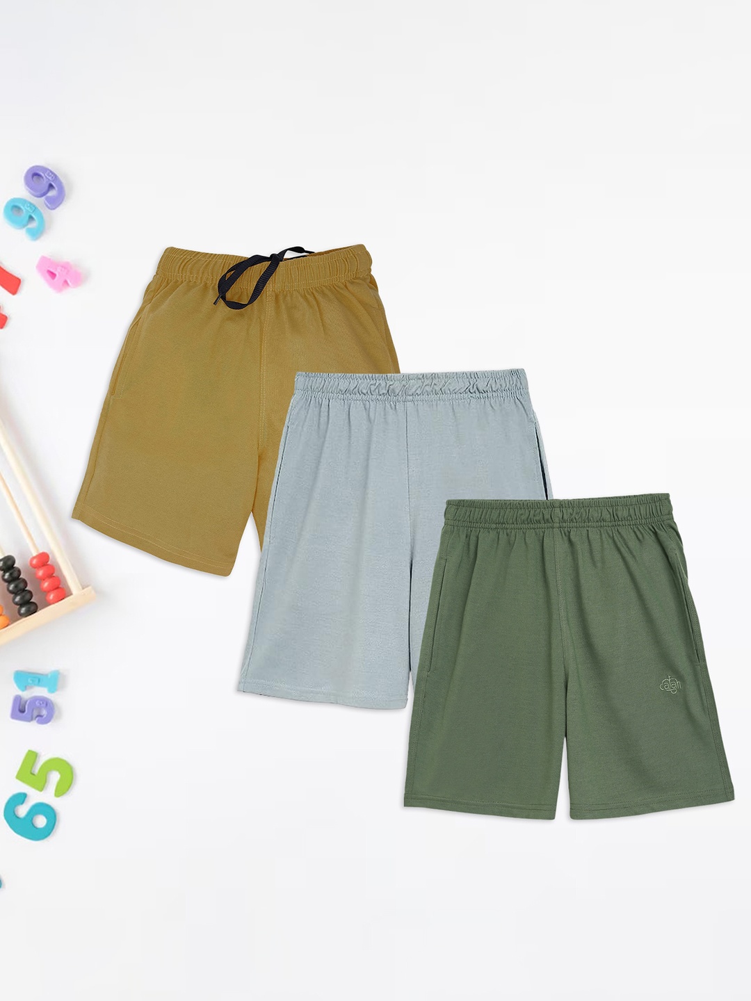 

CHIMPRALA Boys Pack Of 3 Mid Rise Cotton Shorts, Olive