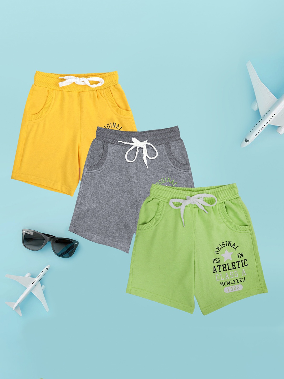 

CHIMPRALA Boys Pack Of 3 Mid Rise Cotton Shorts, Yellow