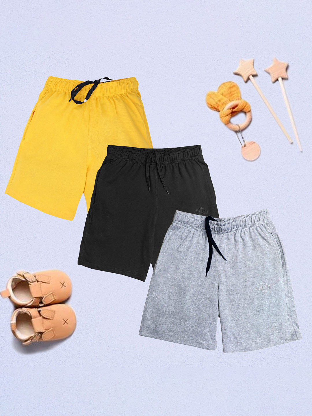 

CHIMPRALA Boys Pack Of 3 Mid Rise Cotton Shorts, Yellow