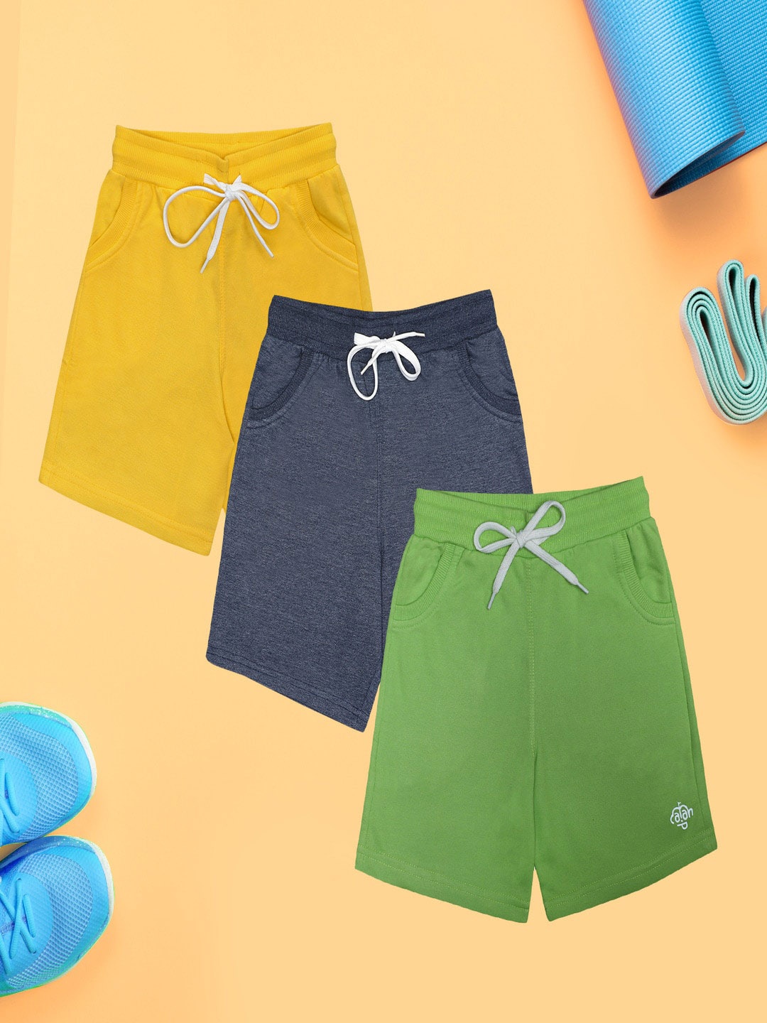 

CHIMPRALA Boys Pack Of 3 Mid Rise Cotton Shorts, Yellow