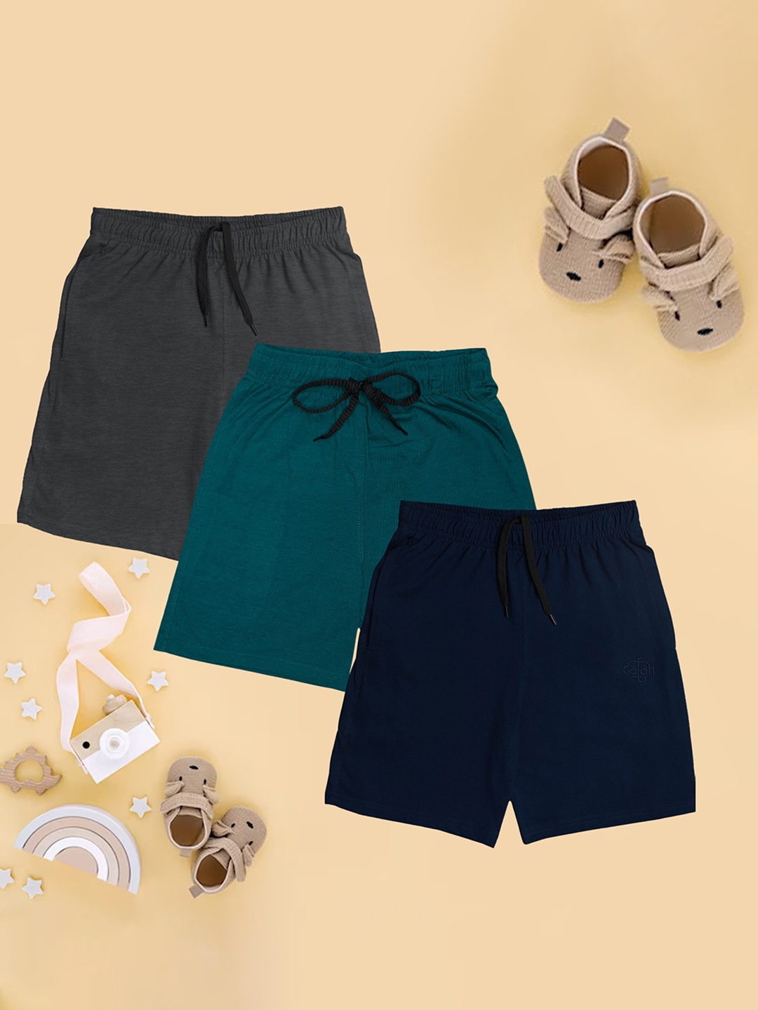 CHIMPRALA Boys Pack Of 3 Mid Rise Cotton Shorts, Grey