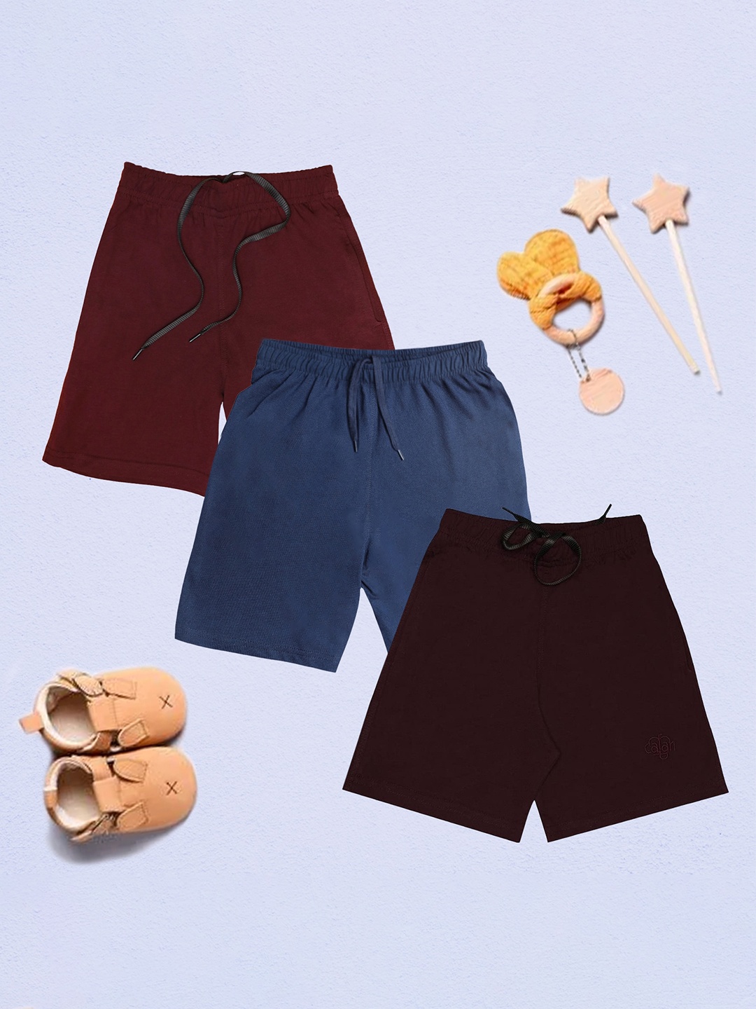 

CHIMPRALA Boys Pack Of 3 Mid Rise Cotton Shorts, Maroon