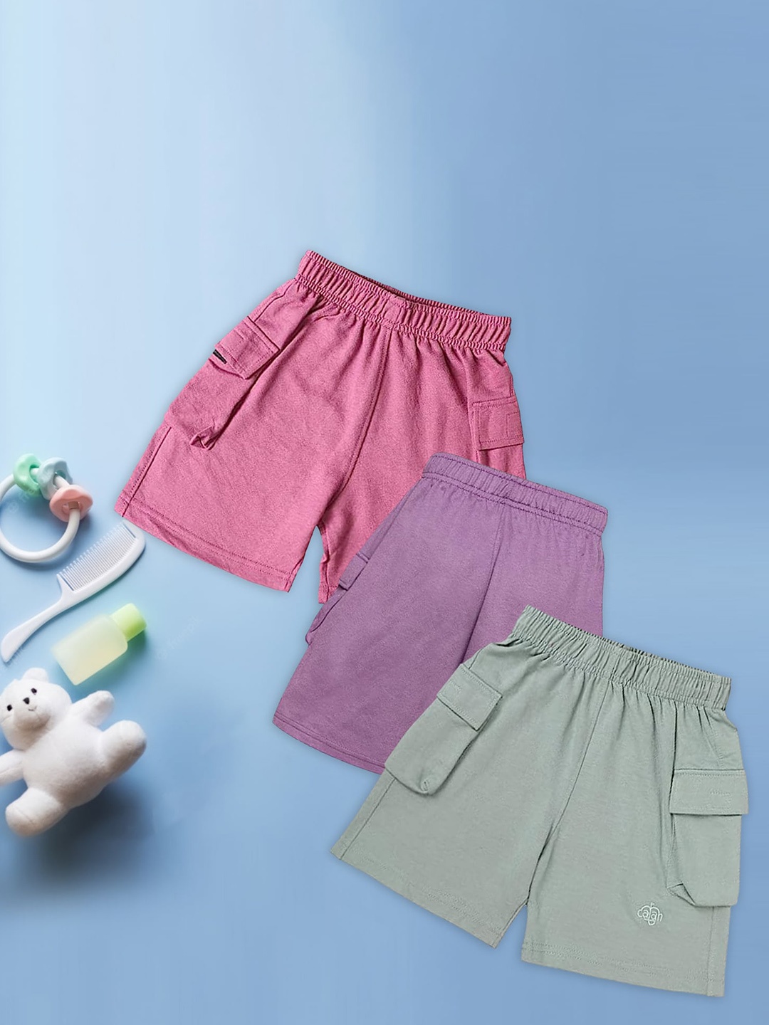 CHIMPRALA Pack Of 3 Boys Mid-Rise Cotton Outdoor Shorts, Pink