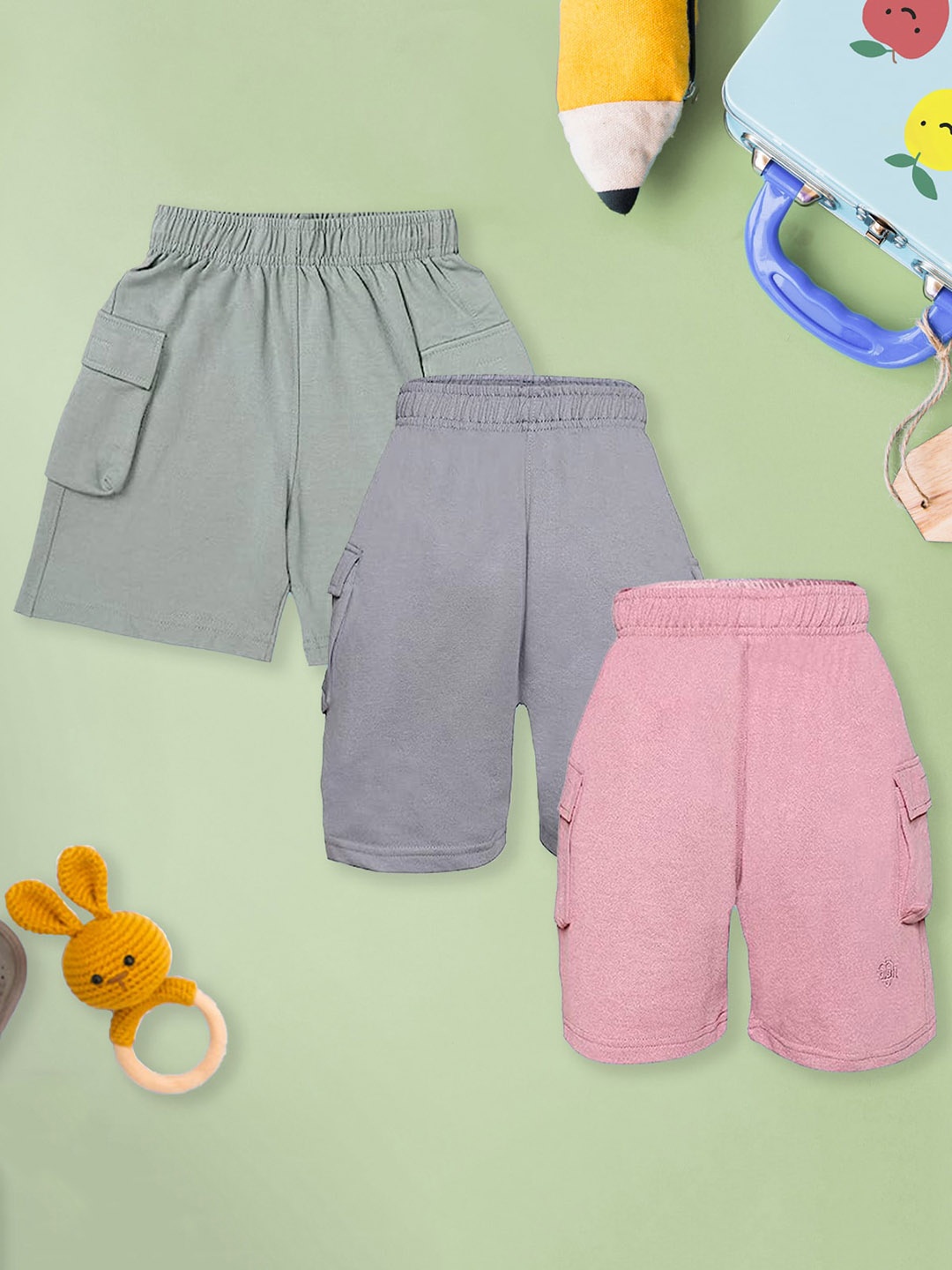 

CHIMPRALA Boys Pack Of 3 Cotton Cargo Shorts, Green