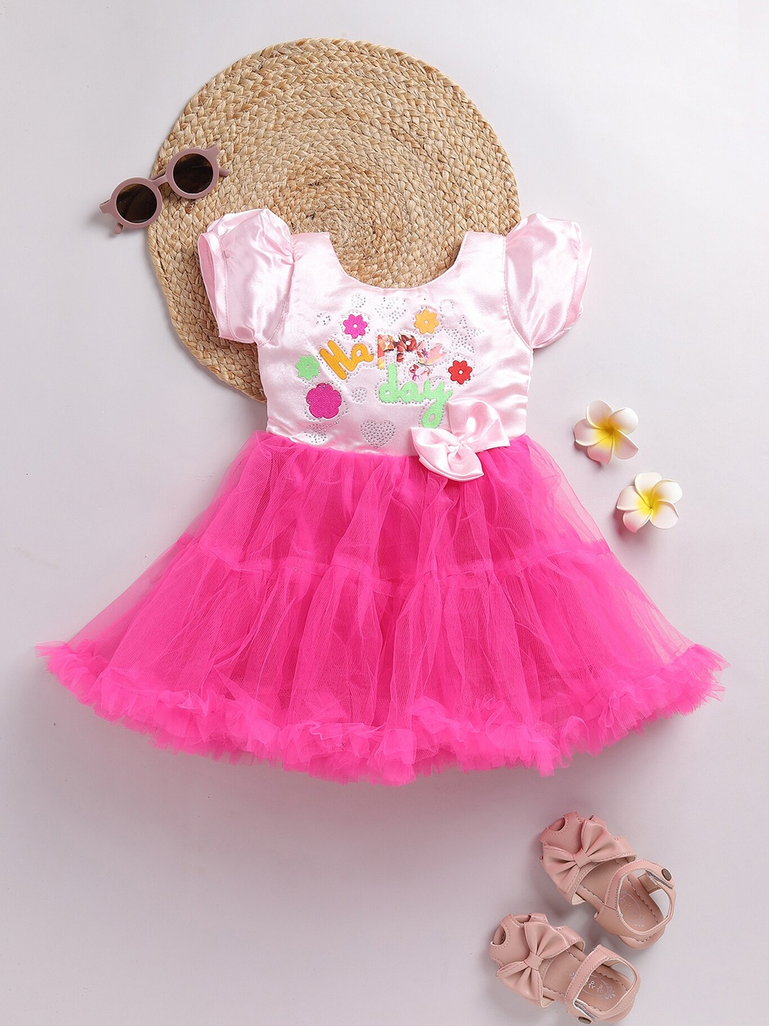 

SmartRAHO Puff Sleeve Fit & Flare Dress, Pink