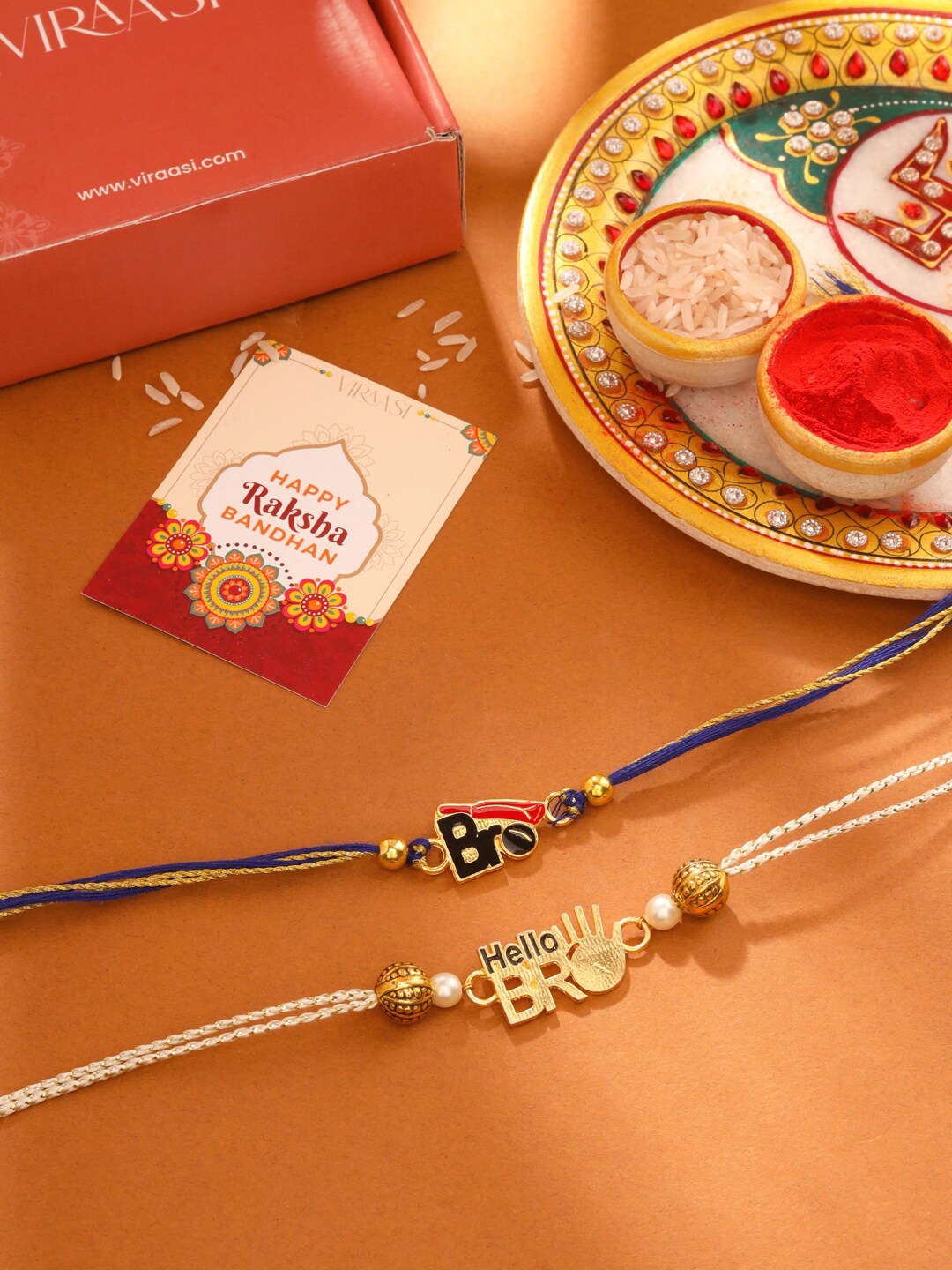 

VIRAASI Boys Set of 2 BRO Carved Rakhi, Gold