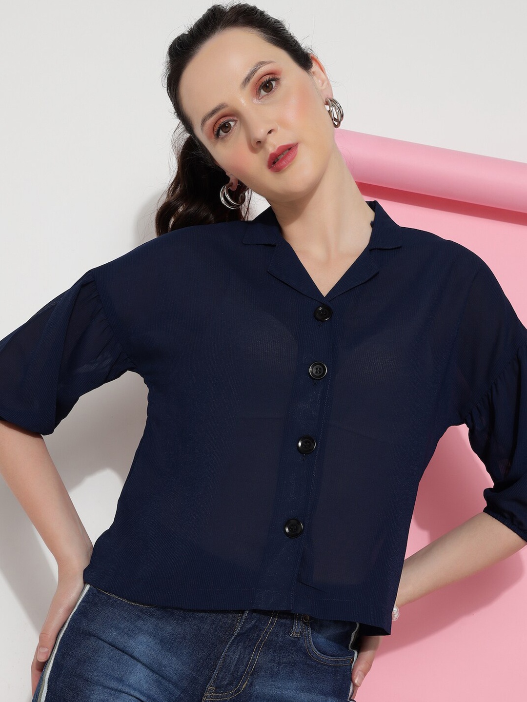 

HERE&NOW Premium Fit Vertical Striped Puff Sleeves Casual Shirt, Navy blue