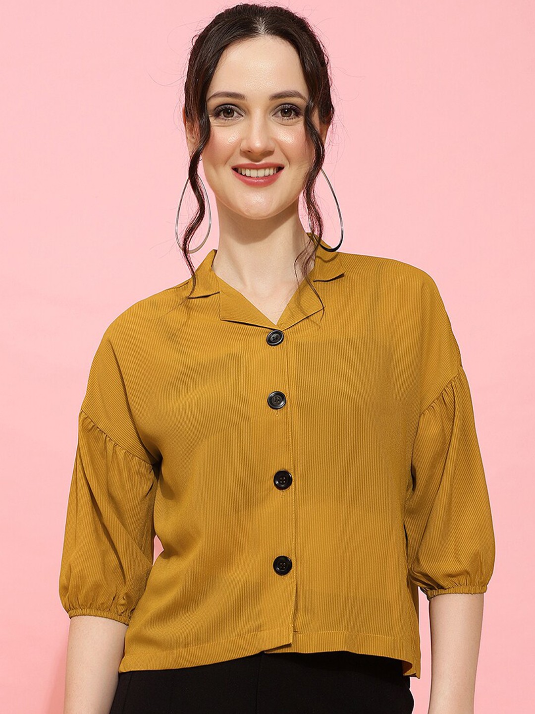 

HERE&NOW Yellow Premium Cuban Collar Casual Shirt