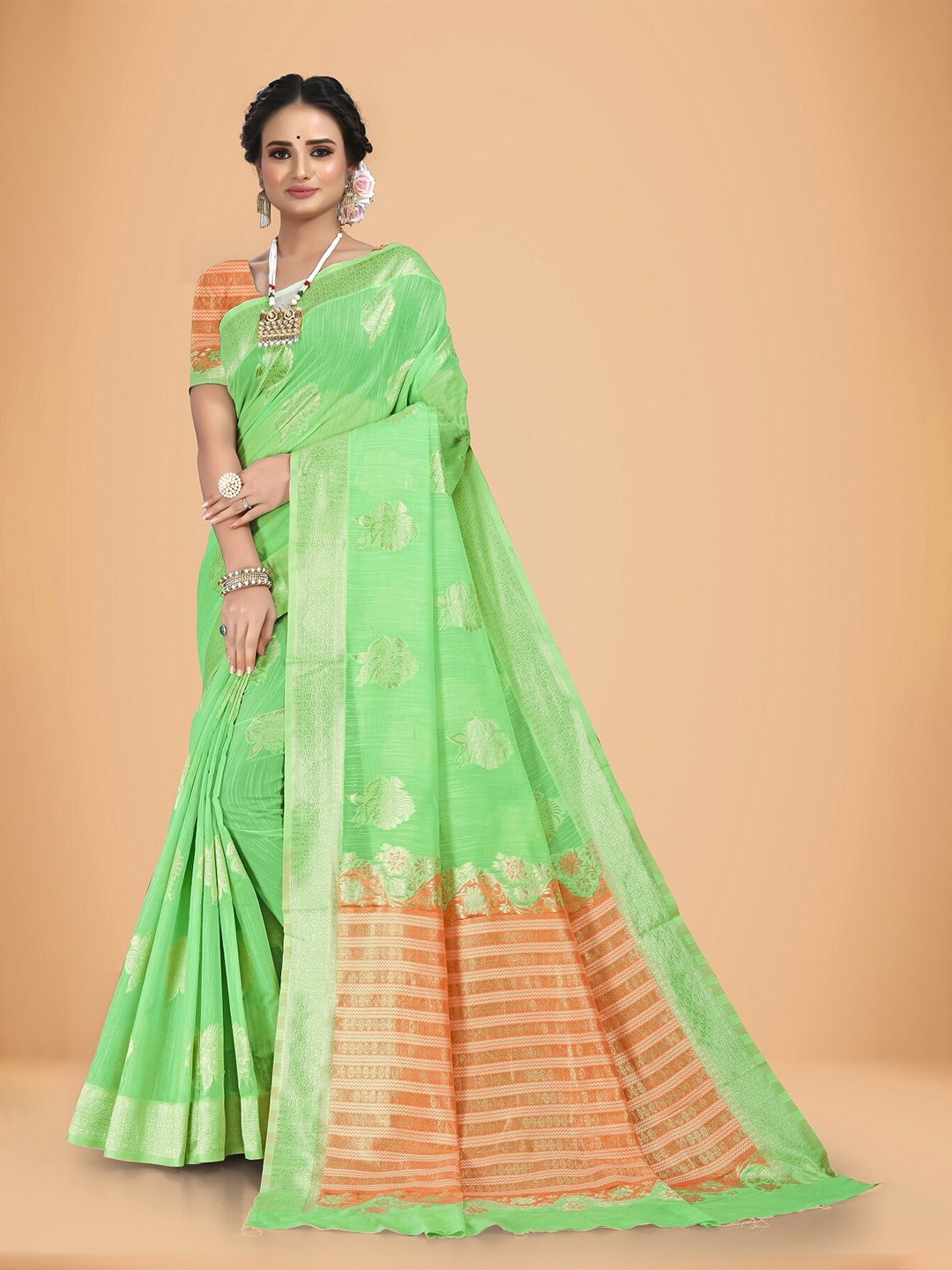 

Rivana Woven Design Zari Saree, Fluorescent green