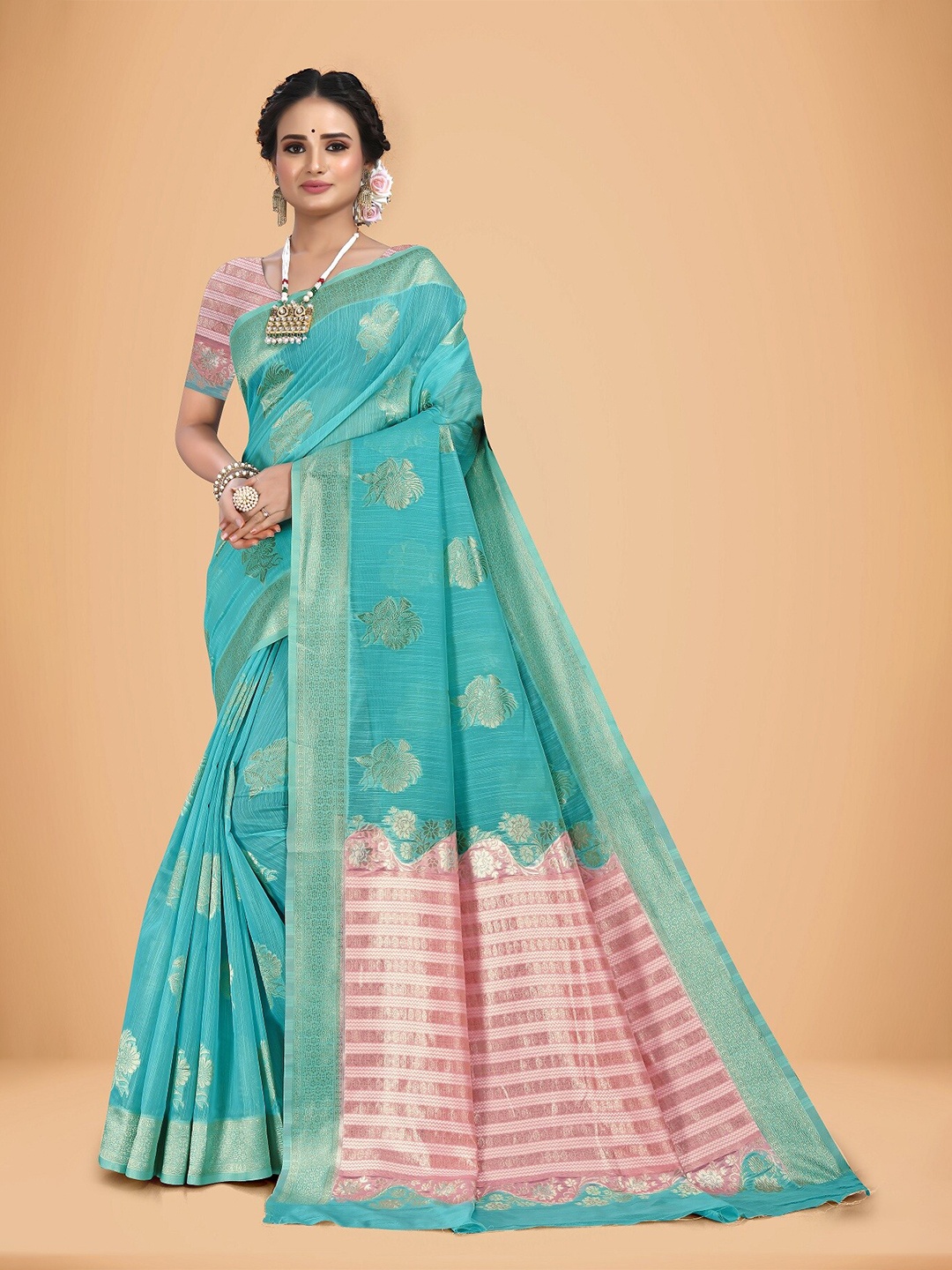 

Rivana Floal Embroidered Zari Saree, Turquoise blue