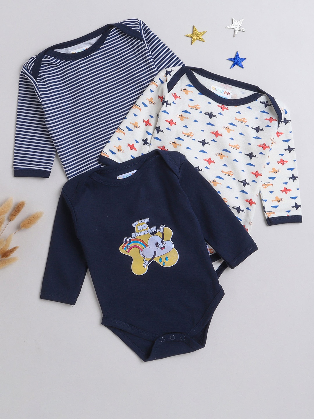 

BUMZEE Infants Kids Pack Of 3 Printed Cotton Bodysuits, Navy blue