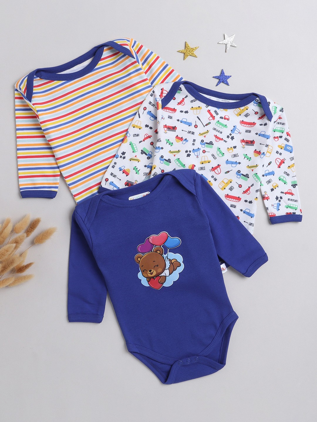 

BUMZEE Infants Pack Of 3 Printed Pure Cotton Bodysuit, Blue