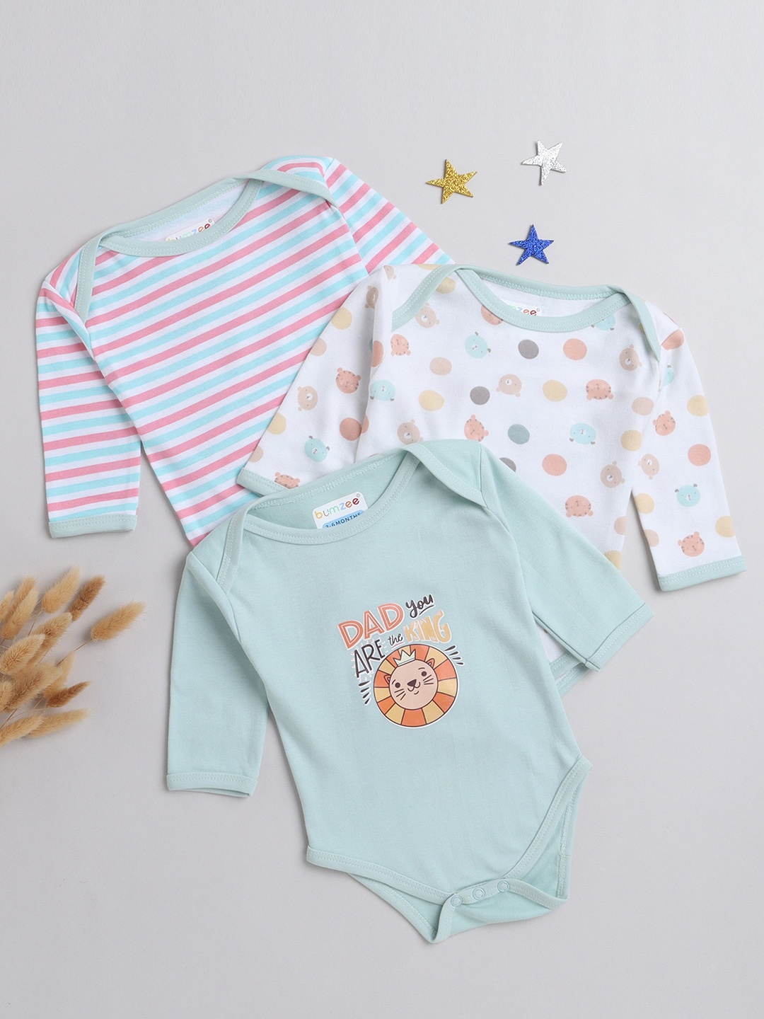 

BUMZEE Infants Girls Pack Of 3 Printed Bodysuits, Blue