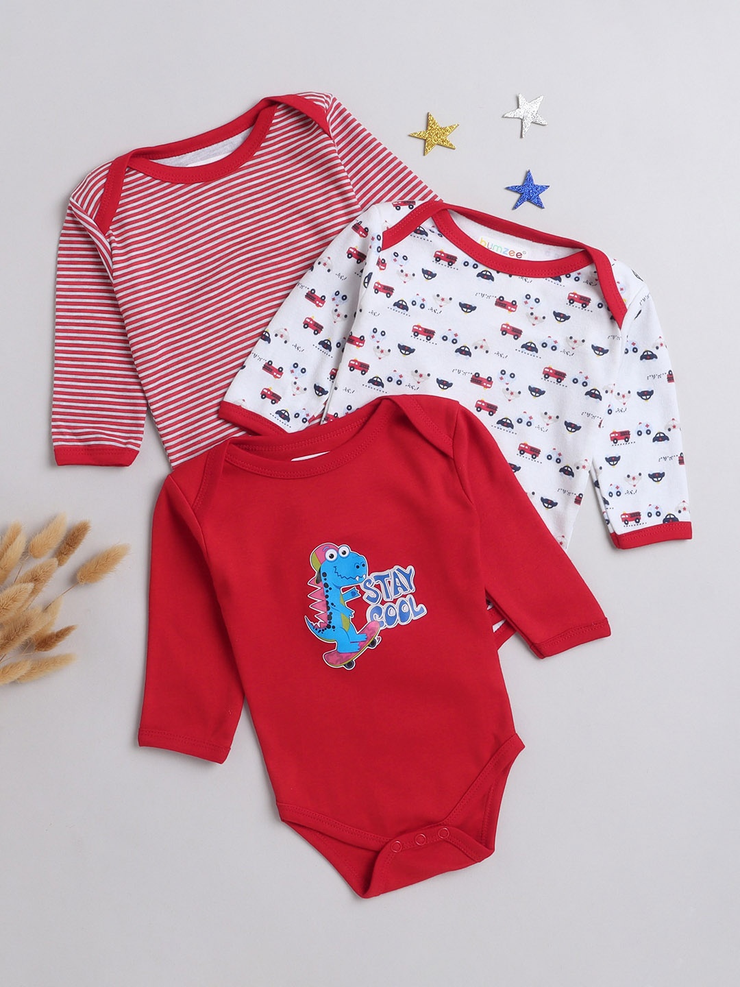 

BUMZEE Infants Kids Pack Of 3 Printed Cotton Bodysuits, Red