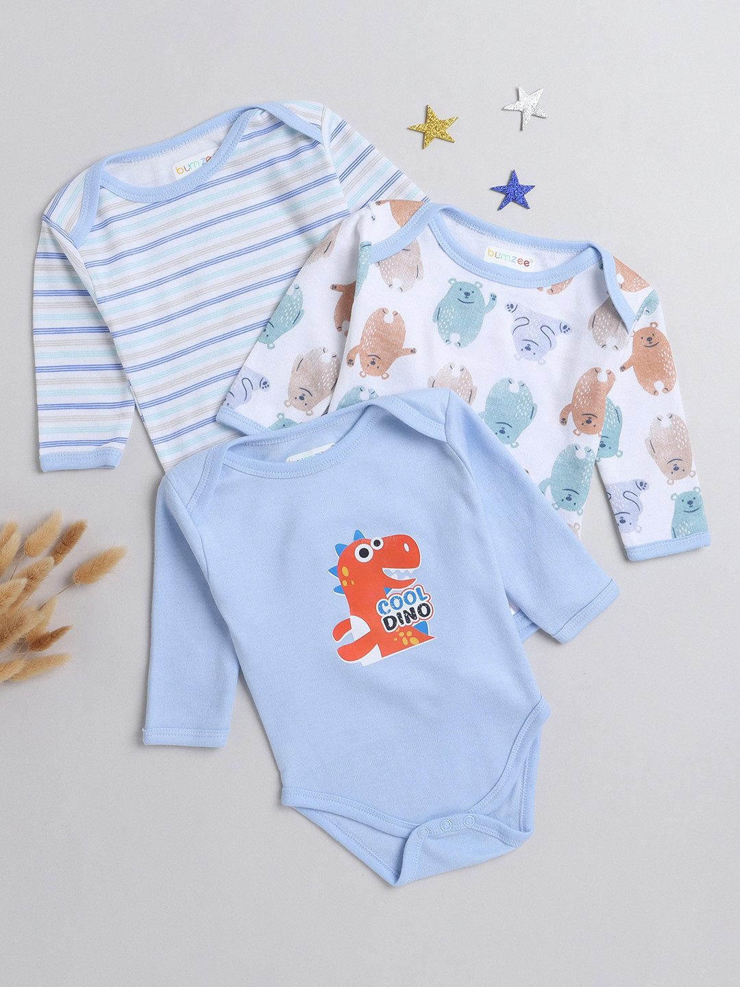 

BUMZEE Infants Boys Pack Of 3 Printed Cotton Bodysuits, Blue