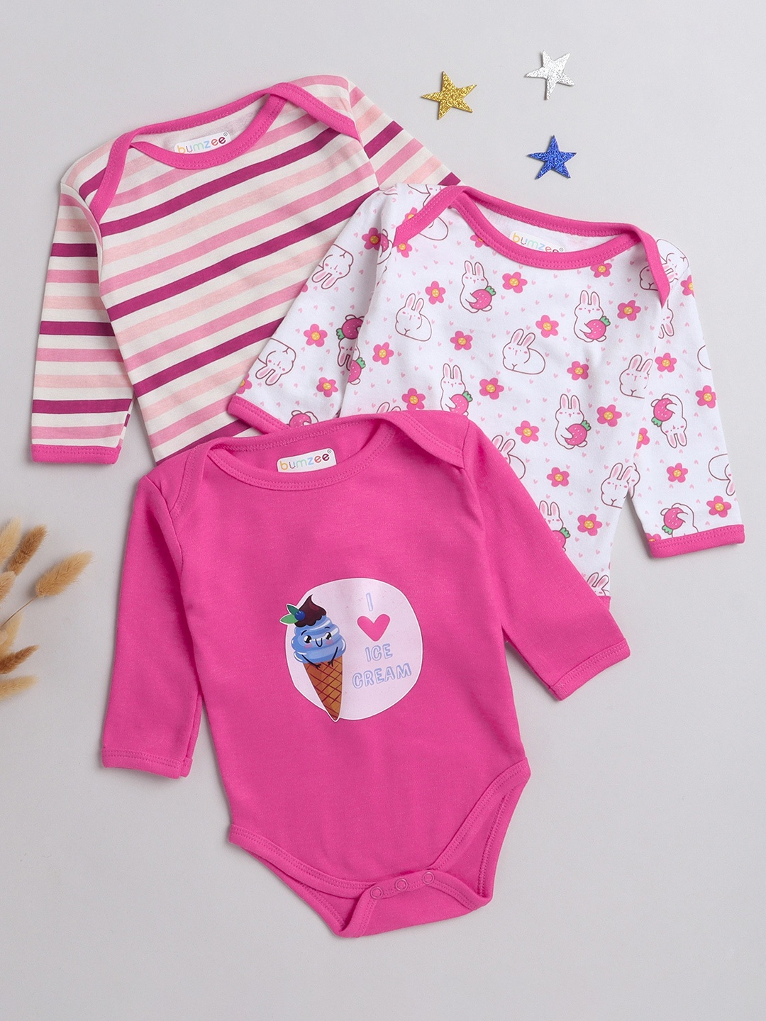 

BUMZEE Infants Kids Pack Of 3 Printed Cotton Bodysuits, Pink