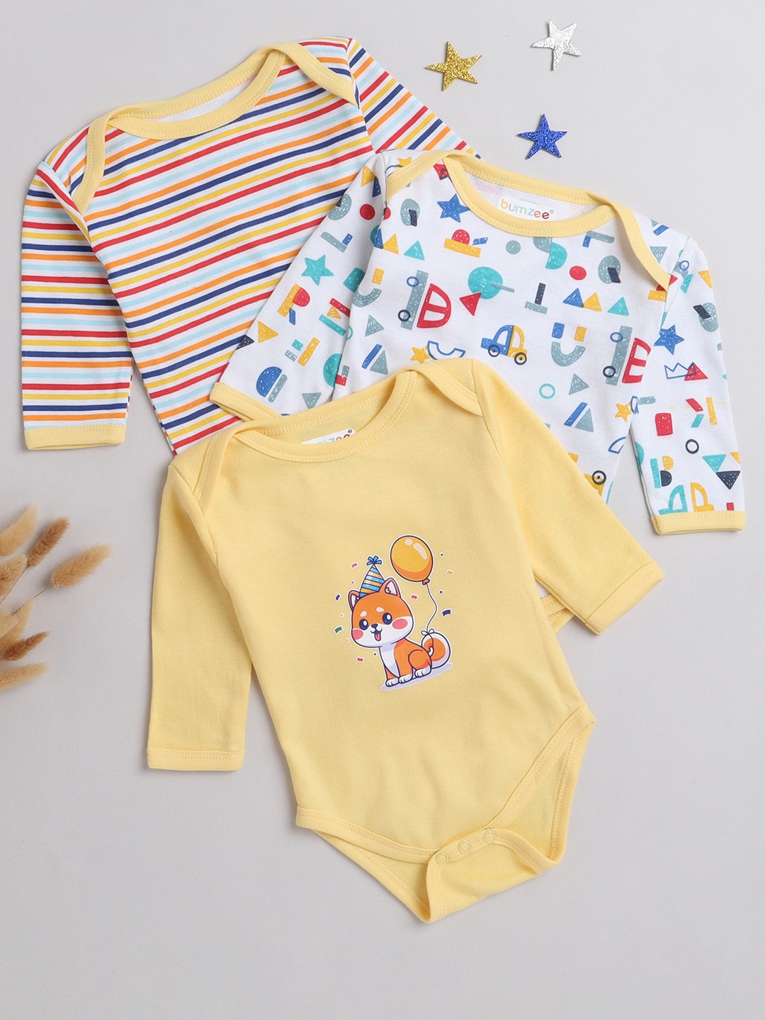 

BUMZEE Infant Kids Pack Of 3 Printed Cotton Bodysuits, Yellow