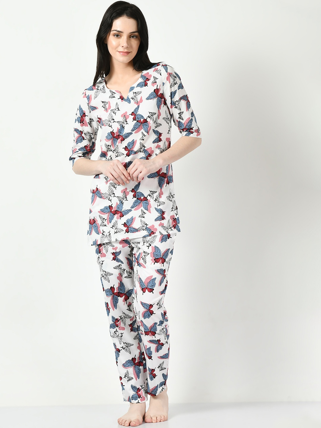 

Altiven Butterflies Printed Crepe Night Suit, White