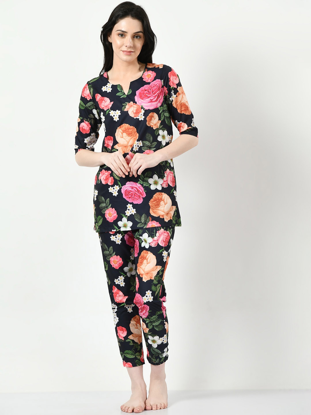 

Altiven Floral Printed Crepe Night Suit, Navy blue