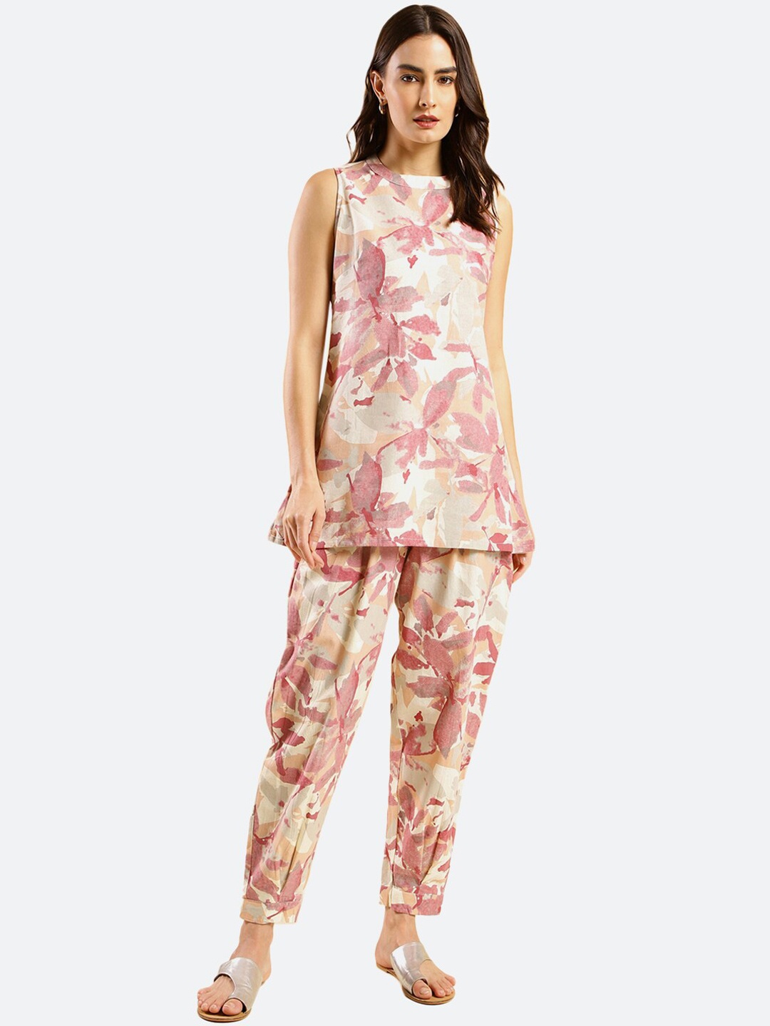 

KALINI Printed Pure Cotton Top & Trousers, Beige