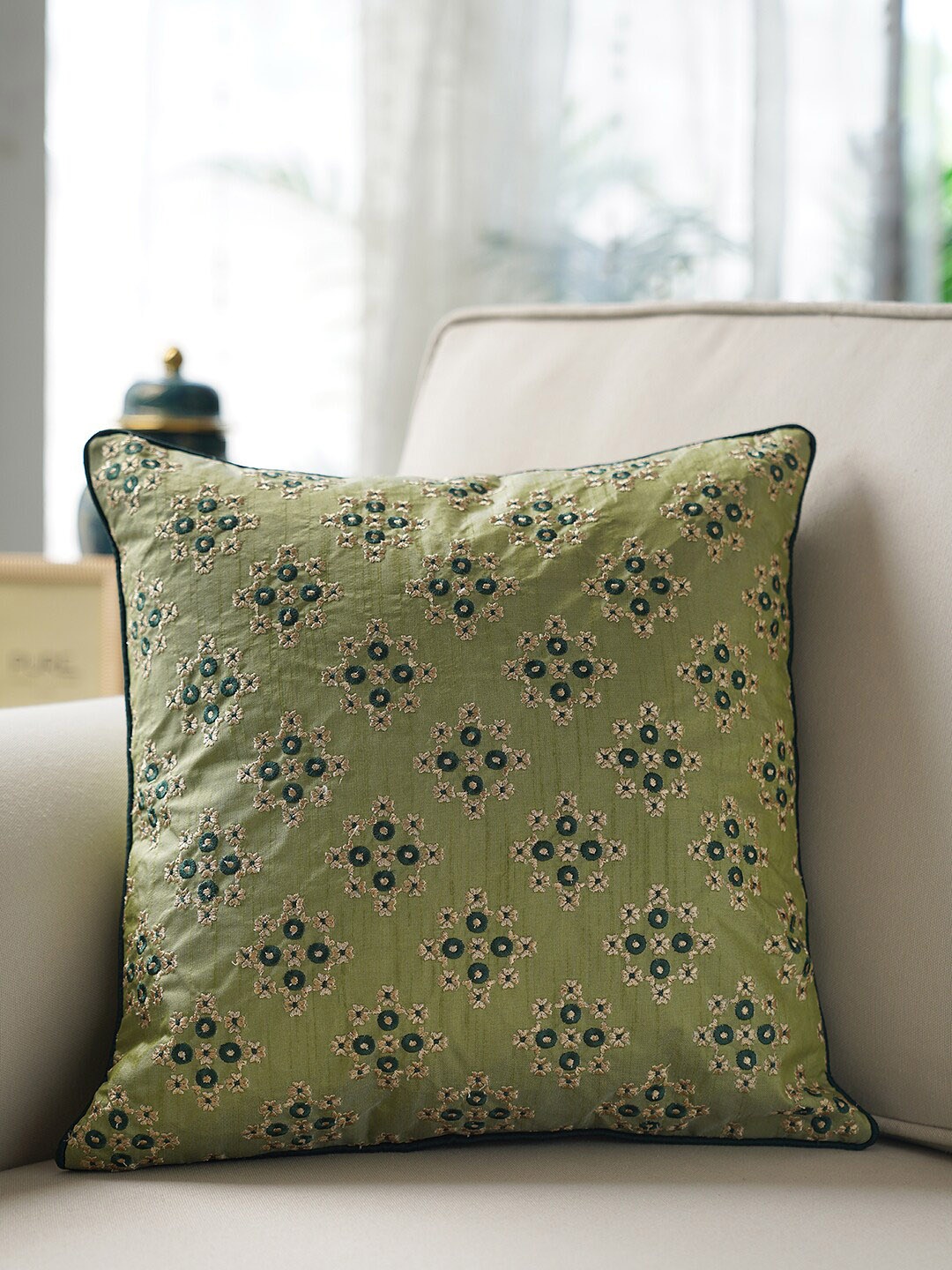 

Pure Home and Living Green & Cream Ethnic Motifs Embroidered Cotton Square Cushion Cover