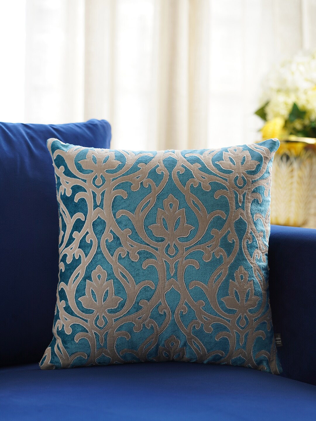 

Pure Home and Living Blue Ethnic Motifs Embroidered Cotton Square Cushion Cover