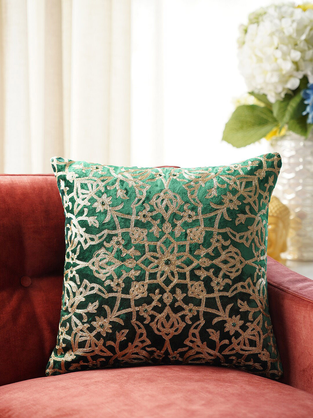 

Pure Home and Living Green & Cream Ethnic Motifs Embroidered Cotton Square Cushion Cover