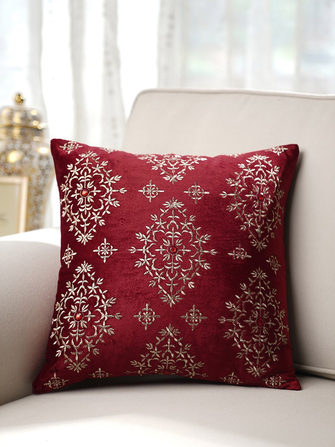 

Pure Home and Living Red Ethnic Motifs Embroiedred Velvet Square Cushion Cover
