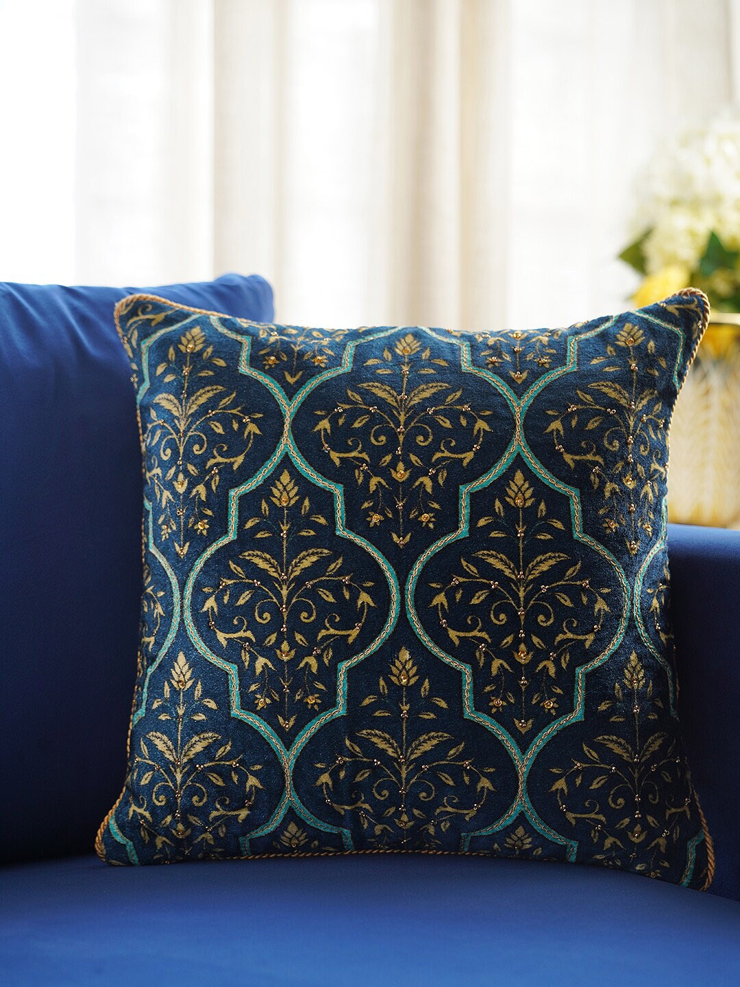 

Pure Home and Living Blue & Cream-Coloured Ethnic Motifs Square Cushion Cover