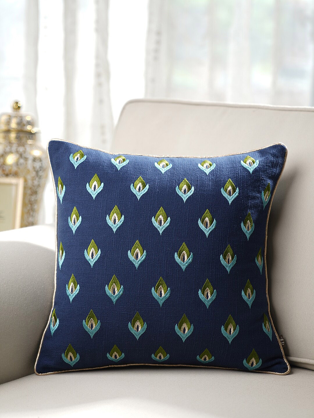 

Pure Home and Living Blue & Green Floral Embroidered Square Cushion Cover